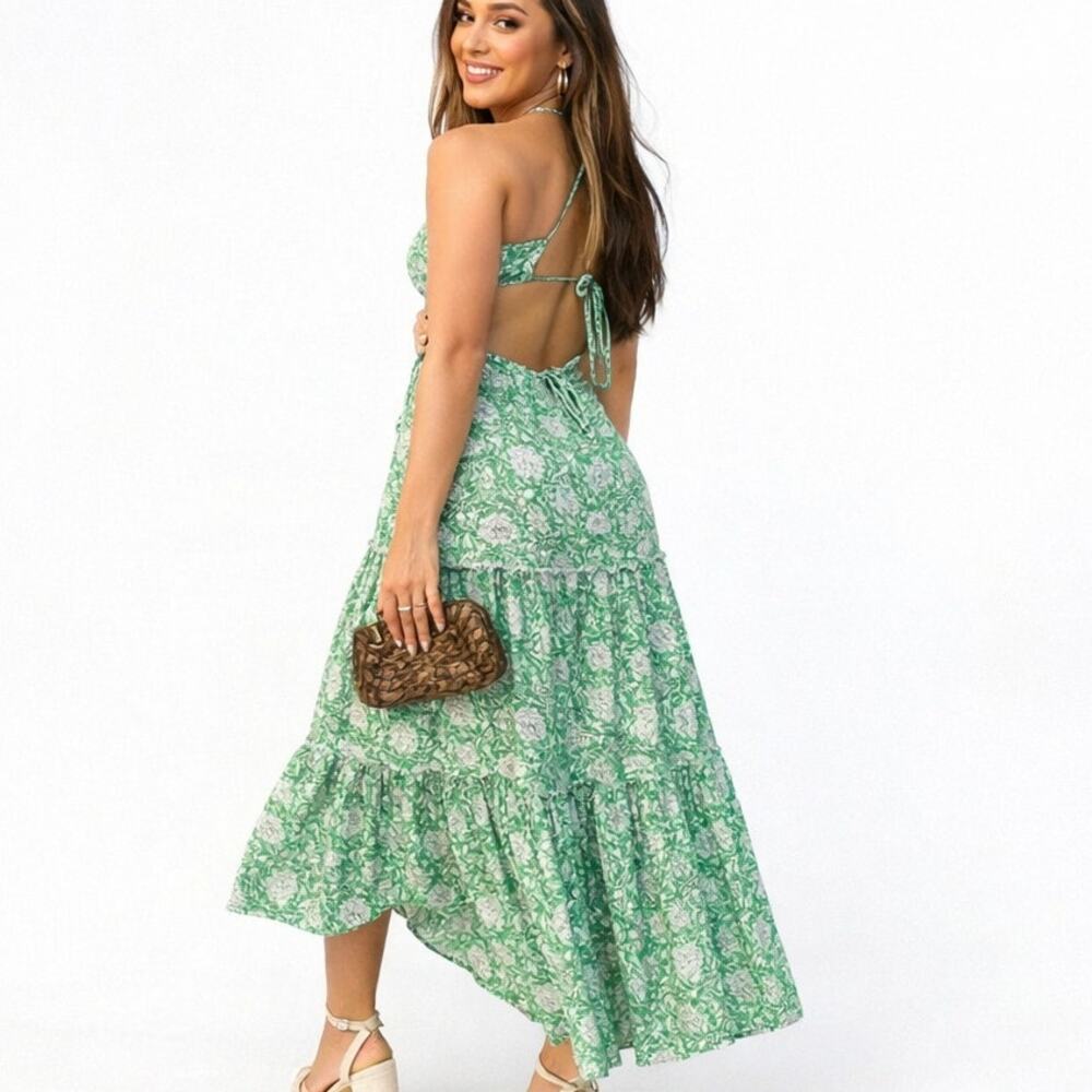 Audrey Parks Green Floral Cutout Open Tie Back Midi Dress L